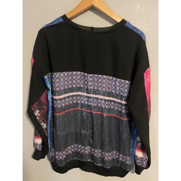 Clover Canyon Womens Small Sequin Plaid Floral Sweatshirt Blue Pink Lightweight - Picture 2 of 8